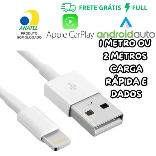 CABO COMPATÍVEL COM APPLE CARPLAY/ANDROID AUTO USB-A P/ LIGHTNING DADOS E CARREGAMENTO 1 OU 2 METROS
