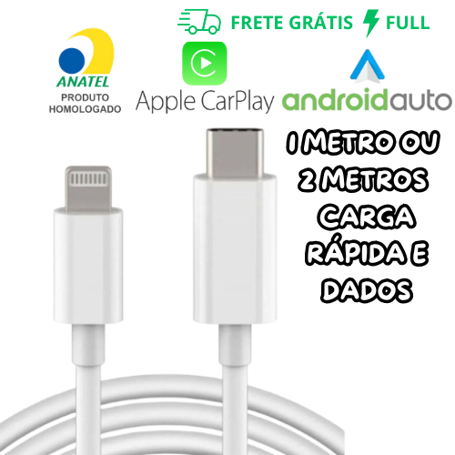 CABO COMPATÍVEL COM APPLE CARPLAY/ANDROID AUTO USB-C P/ LIGHTNING DADOS E CARREGAMENTO 1 OU 2 METROS