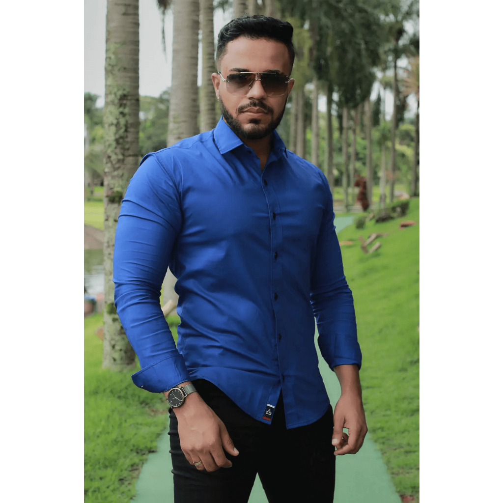 Camisa Masculina Slim Fit Manga Longa Lisa com Elastano Social Casual
