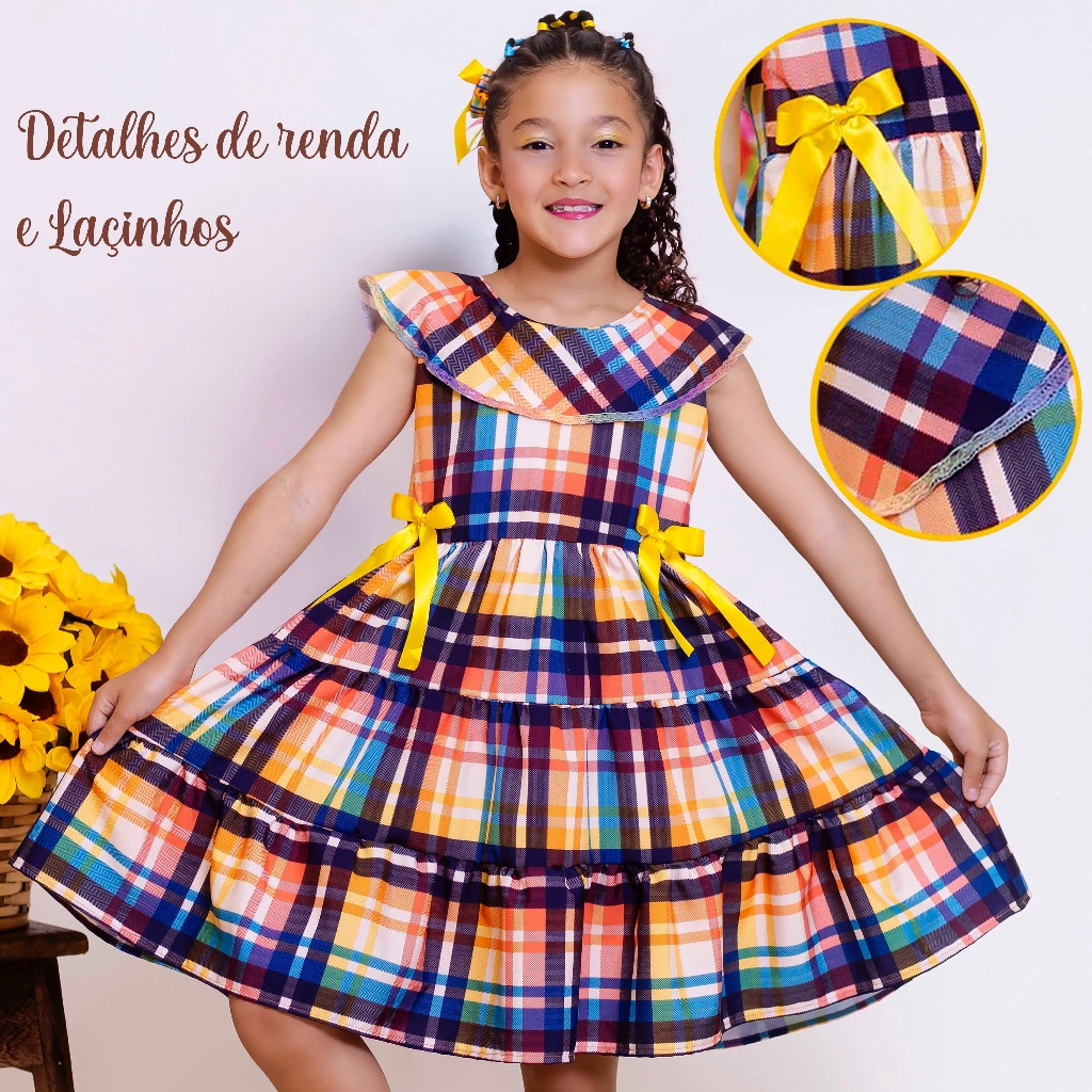 Vestido Infantil JUNINO QUADRILHA Menina Luxo Estampado Jardim Colorido Festa Bloguerinha ...