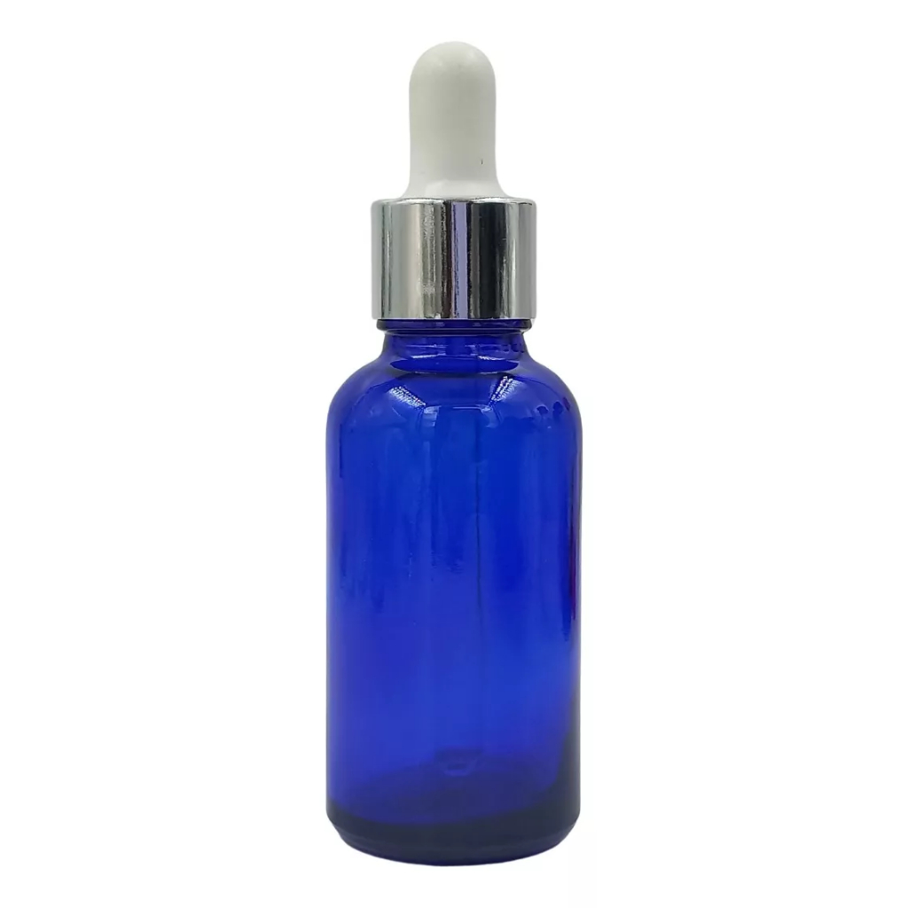 Frasco De Vidro Azul Conta Gotas gotejador 30ml Tampa Prata Premium + BRINDE
