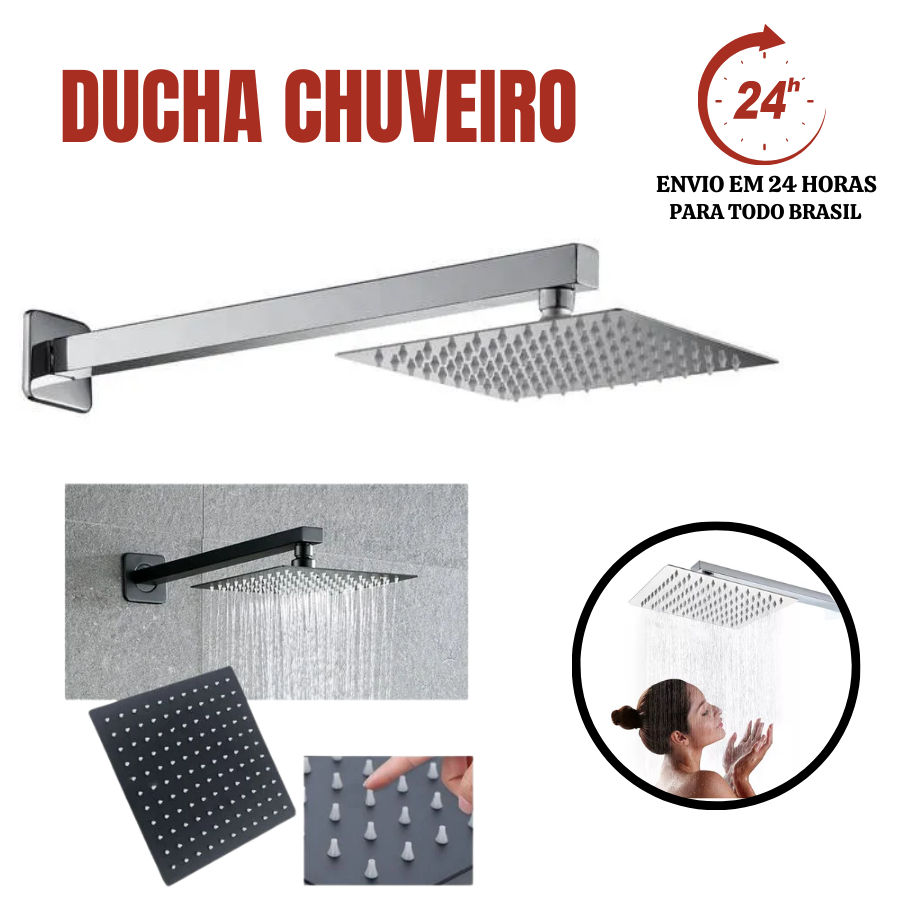 Ducha Fria  Inox Chuveiro Slim Quadrado  20X20cm e Cano Quadradao