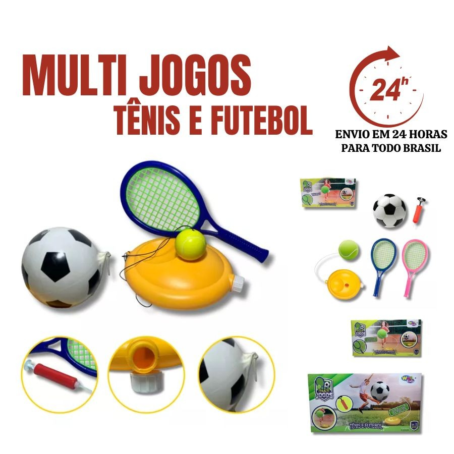 Kit Esportes 2 em 1 Tenis e Futebol Kit Brinquedo Infantil Bola Jogo Raquete Bolinha
