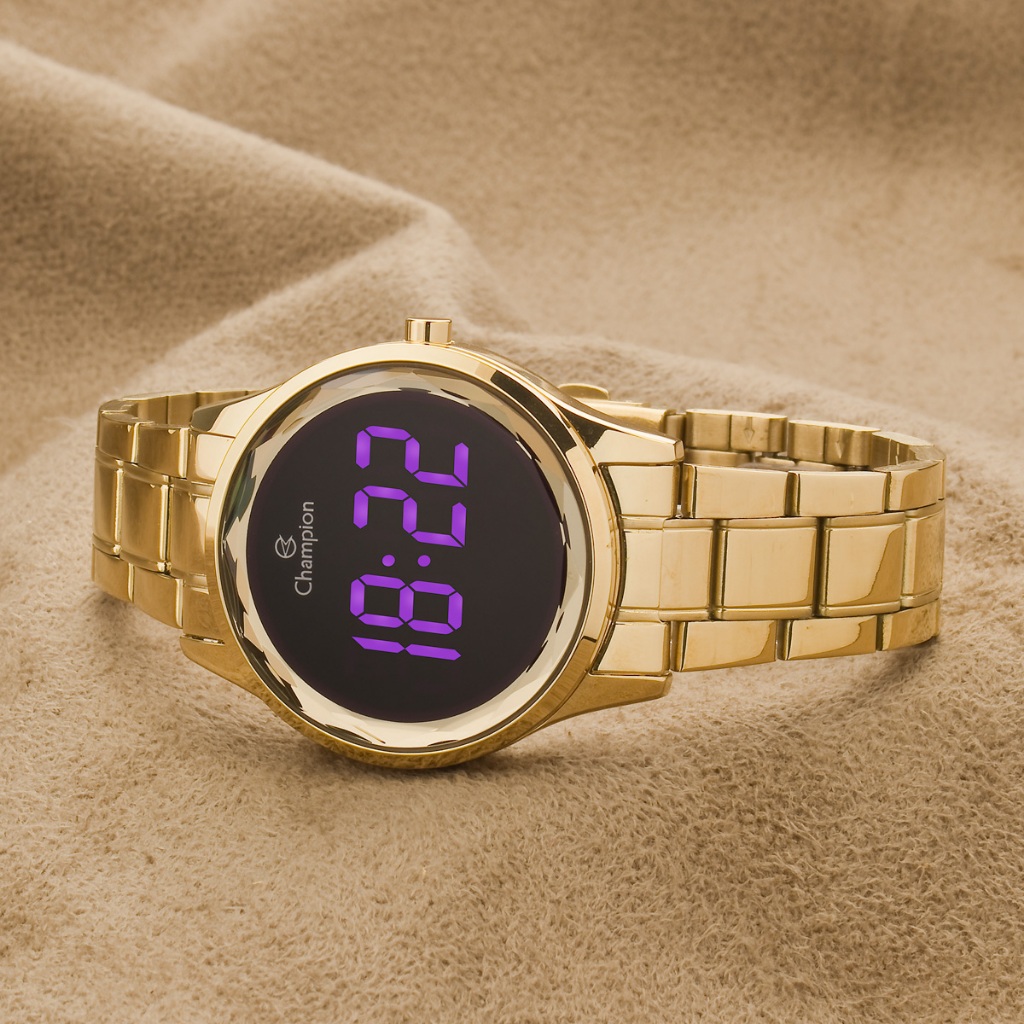 Relógio Feminino Digital Dourado Champion Led Rosa Kit Colar e Brincos CH48019H