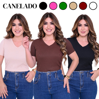 KIT 3 T-SHIRT GOLA V CANELADO COM MANGA FEMININO BLUSA COM DECOTE em Oferta na Shopee
