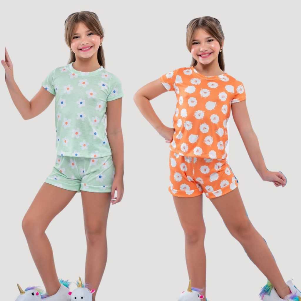 Pijama Infantil Menina Feminino Short Blusa Confortavel Suede Estampado Curto Menina Blogueirinha Colorido