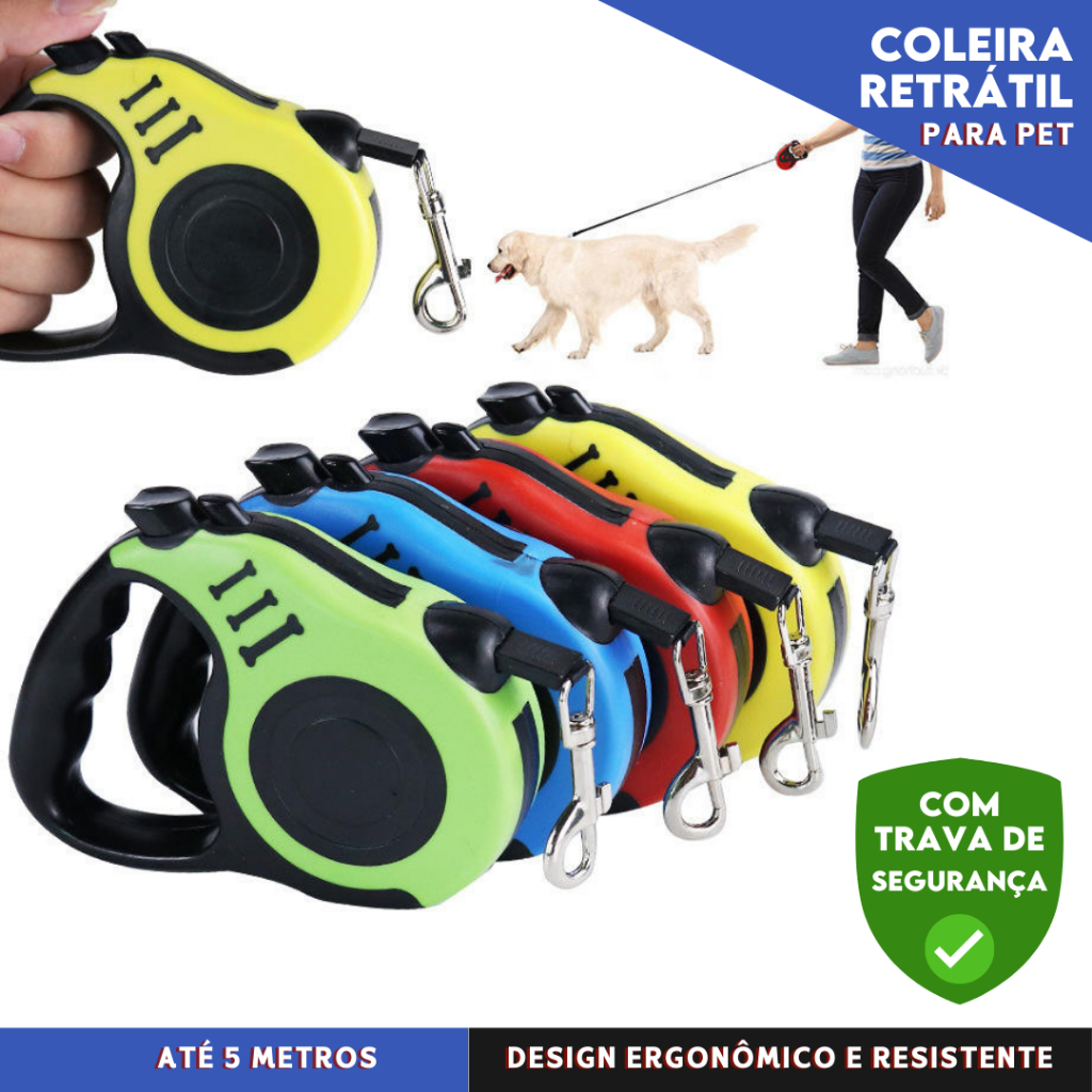 Coleira Pet Guia Retrátil 5 Metros Com Trava Resistente e Segura Para cães e Gatos - BC em Oferta na Shopee