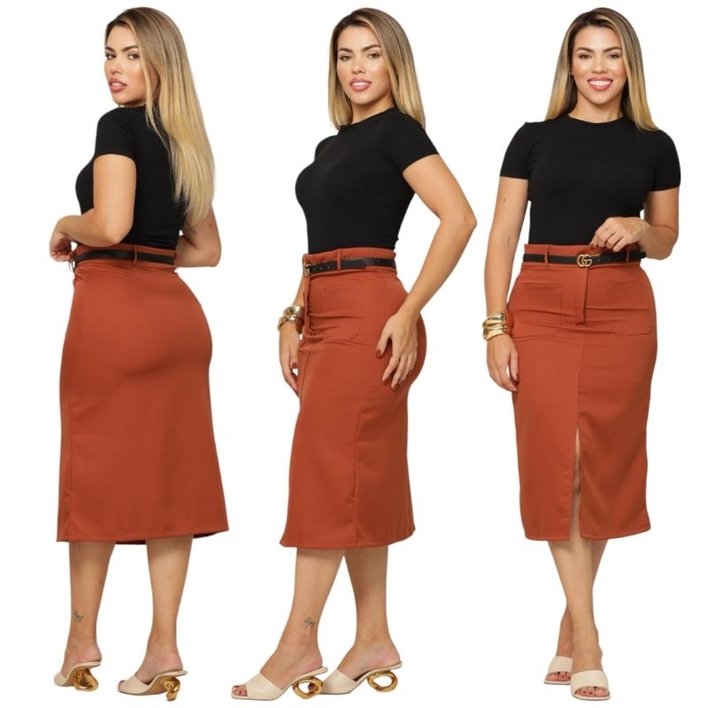 Saia Midi Feminina Marrom Cintura Alta com Cinto Elegante Social Casual Moda Executiva 2026
