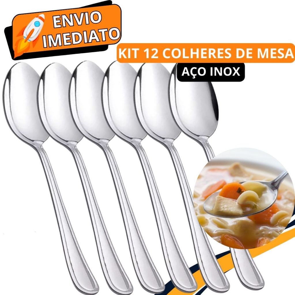 Jogo de Talher 12 Peças Colher de Mesa GRANDE Inox Polido Sopa Arroz Caldinho Para Casa Cozinha Bar Restaurante Buffet