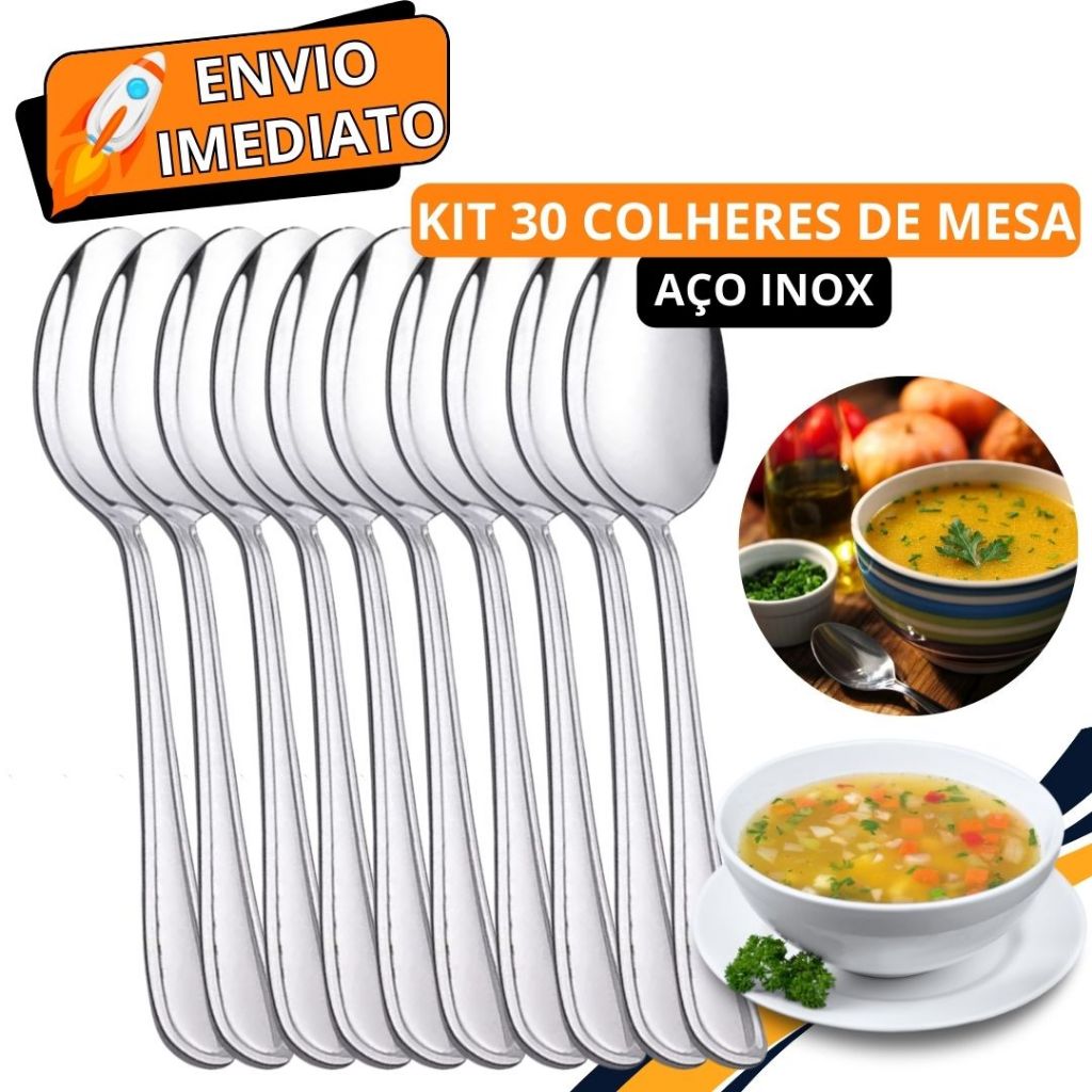Jogo de Talher 30 Peças Colher de Mesa GRANDE Inox Polido Sopa Arroz Caldinho Para Casa Cozinha Bar Restaurante Buffet