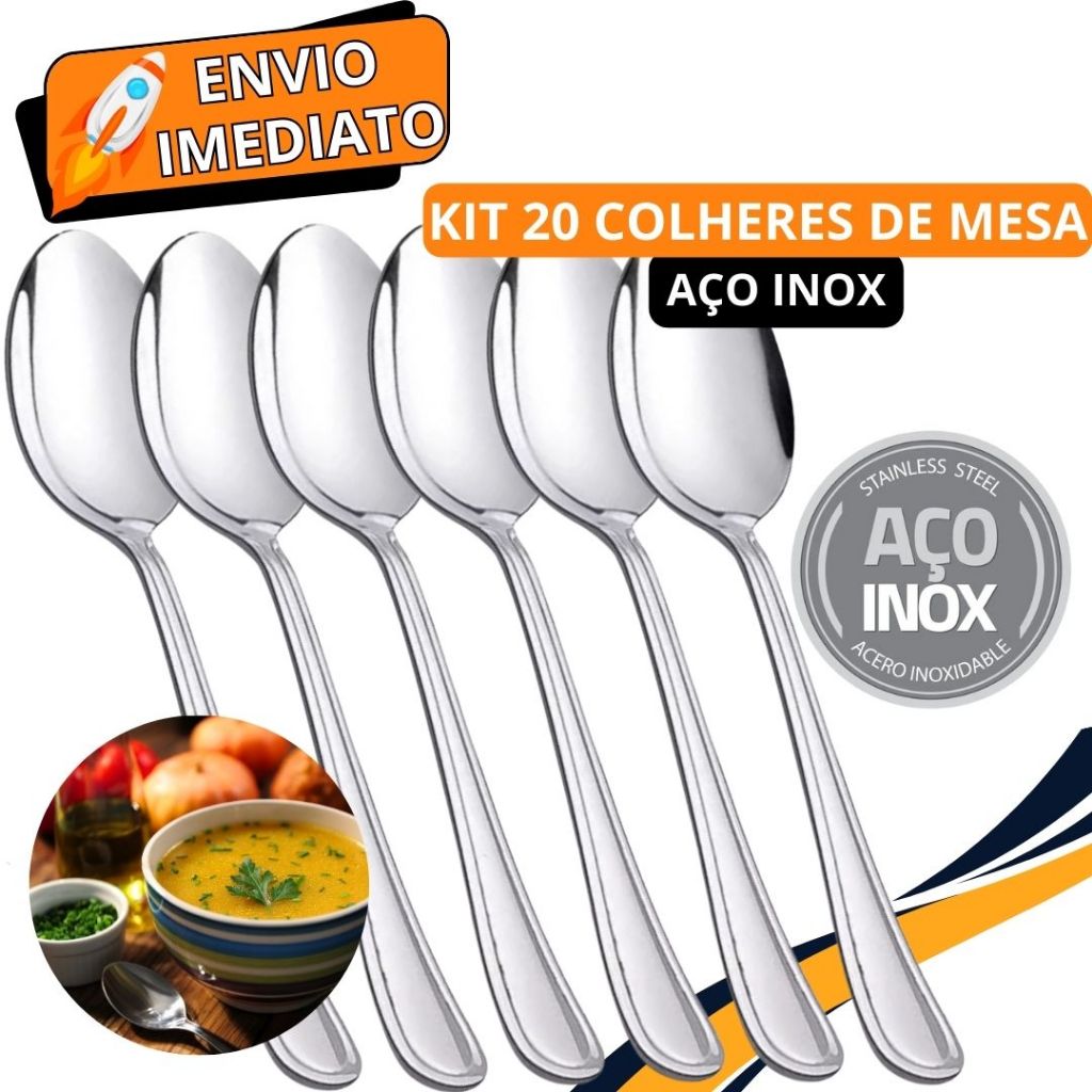 Jogo de Talher 20 Peças Colher de Mesa GRANDE Inox Polido Sopa Arroz Caldinho Para Casa Cozinha Bar Restaurante Buffet