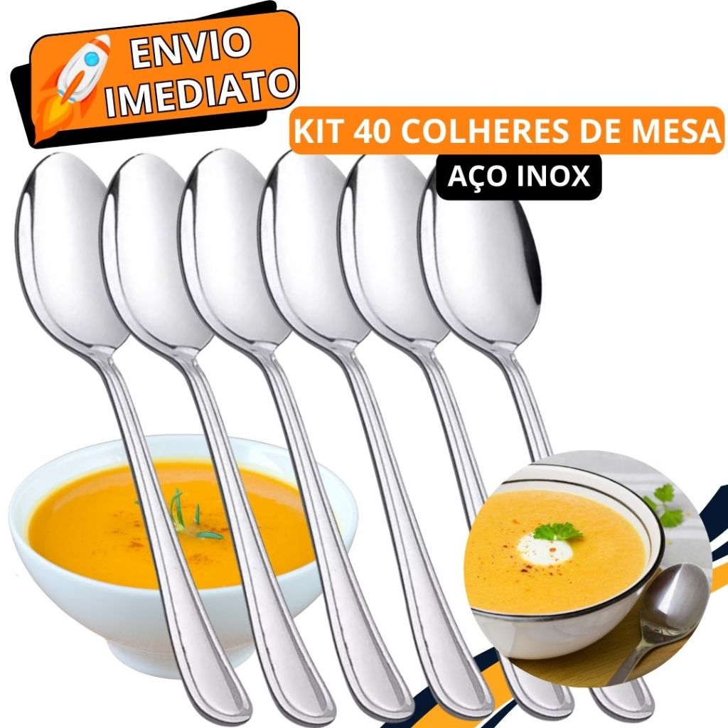 Jogo de Talher 40 Peças Colher de Mesa GRANDE Inox Polido Sopa Arroz Caldinho Para Casa Cozinha Bar Restaurante Buffet