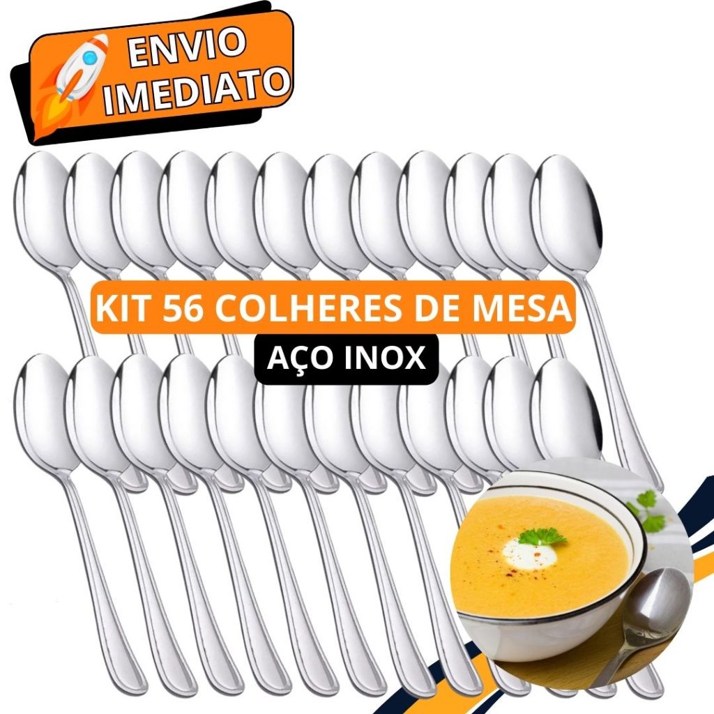 Jogo de Talher 56 Peças Colher de Mesa GRANDE Inox Polido Sopa Arroz Caldinho Para Casa Cozinha Bar Restaurante Buffet