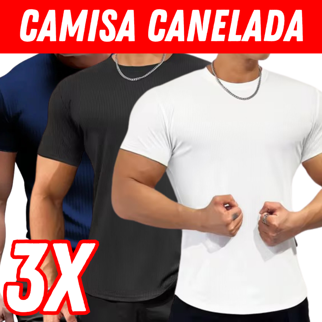 Kit 3 Camiseta Canelada Slim Justa ao Corpo Estilo Americano envio imediato. em Oferta na Shopee