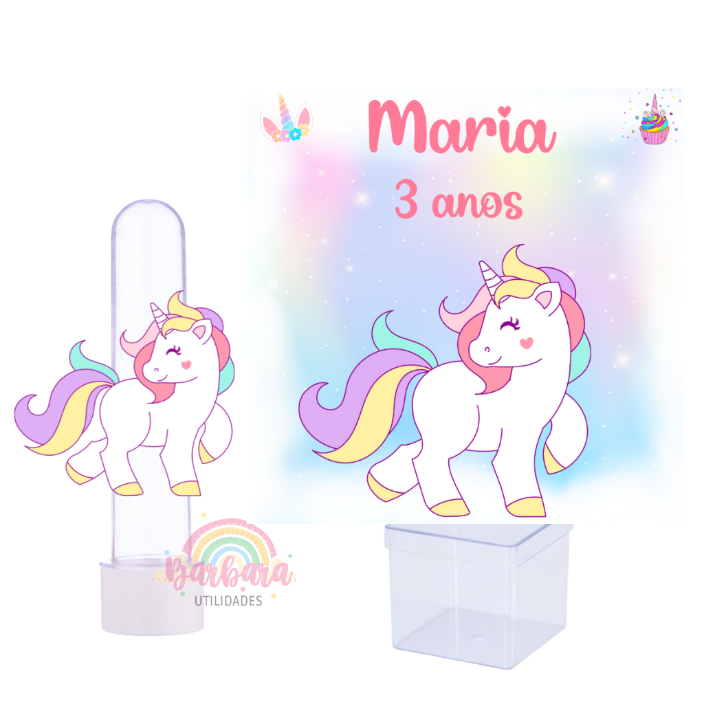 Kit 20 Tubetes 3D + 15 Caixinhas Personalizadas Lembrancinha Unicornio Unicórnio