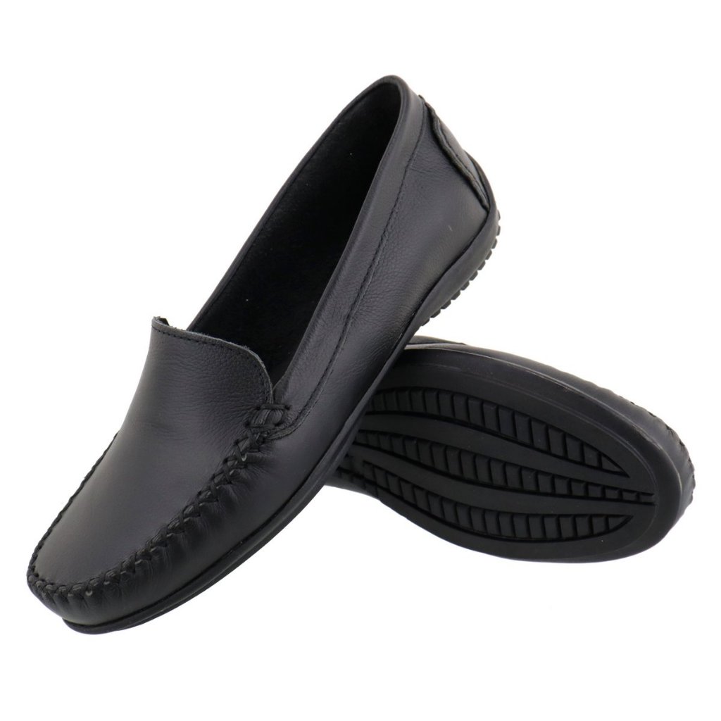 Mocassim Feminino Sapatilha Couro Costura Manual Sapato Liso Alto Conforto Calce Fácil  Preto