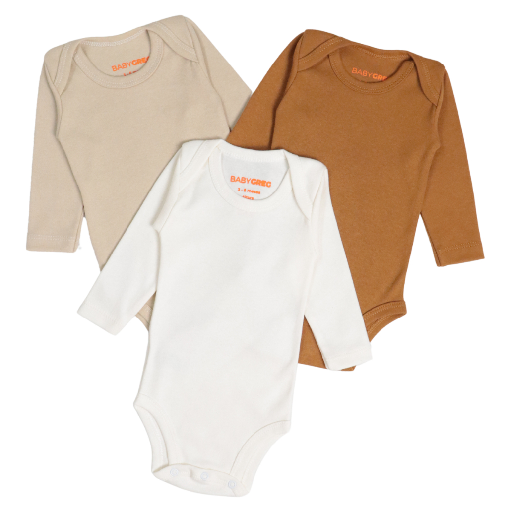 Kit 3 Body Minimalista Suedine Para Bebê Liso Manga Longa 100% Algodão RN/P/M/G/GG Baby Greg