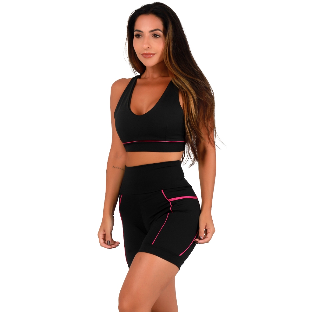 Conjunto Academia feminino Fitness Top Sustentação e Bermuda Cós Alto Com Bolsos Laterais
