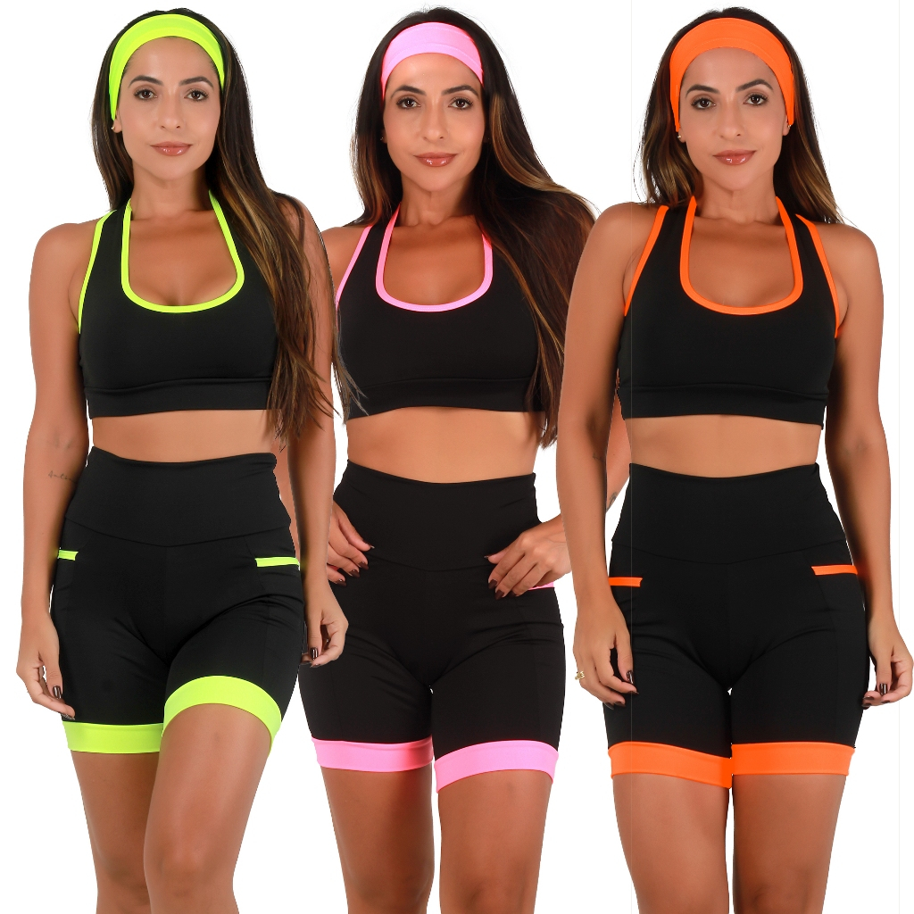 Kit 3 Conjuntos Feminino Fitness De Academia Top e Bermuda Com Bolsos Porta Celular