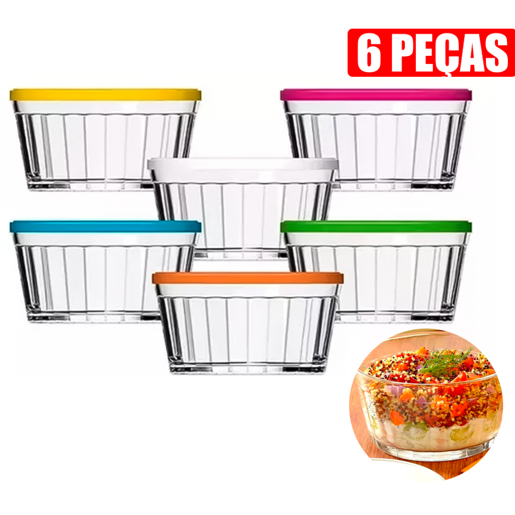 Jogo Conjunto 06 Tigela Americano 600ml c/Tampa Nadir Saladeira Porta Alimento Potes de Vidro