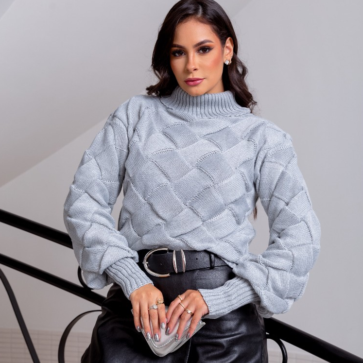 Blusa Entrelaçada 3d Feminina Gola Alta Manga Longa Tricô Versátil Inverno