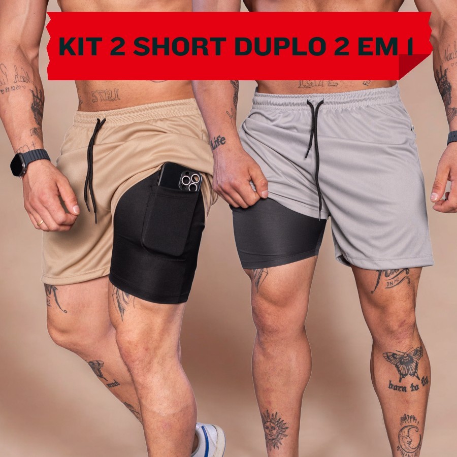 Kit 2 Short Run 2 em 1 Bermuda Masculina Academia Treino Corrida Com Elastano