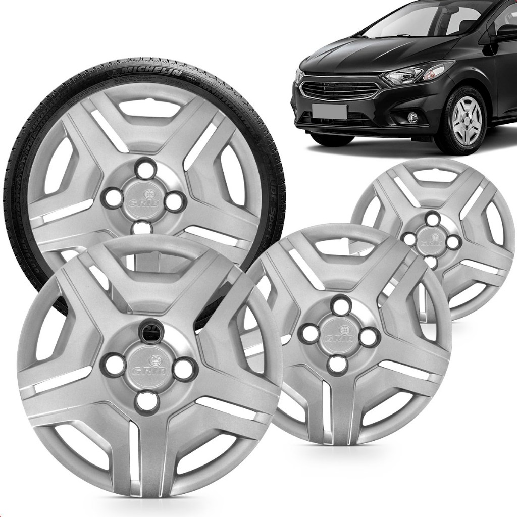 Kit 4 Calotas Onix Prisma 14 a 16 Joy 17 18 Aro 14 Prata Cubo Baixo Grid