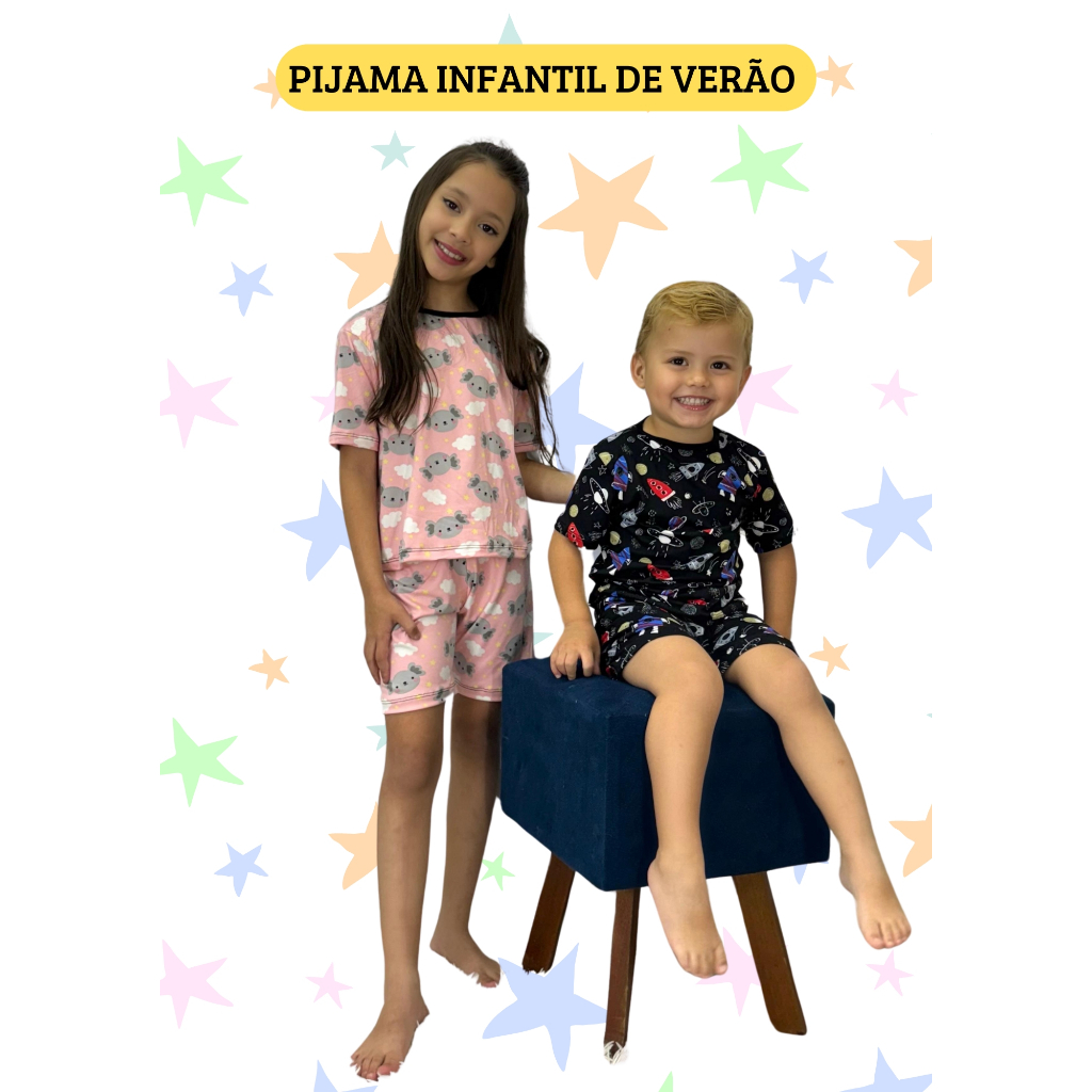 Conjunto de Pijama Infantil Verão para Menino e Menina com Personagens e Heróis Roupa de Dormir Manga Curta de Crianças