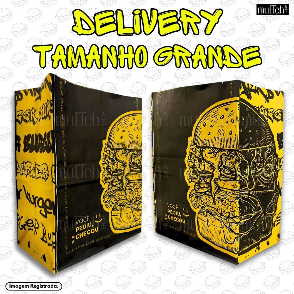 Saco Para Delivery Kraft SOS Grande 31x24x15.5 50 e 100 UN Preto Amarelo