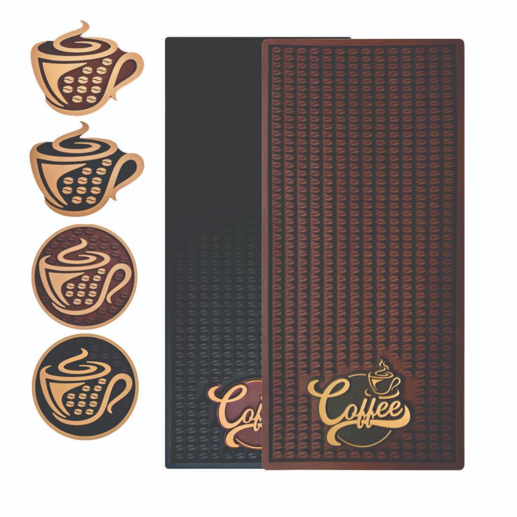 Tapete Barmat Café + 4 Porta Copos Escorredor Emborrachado Antiderrapante Cozinha Drink Bebida Taça