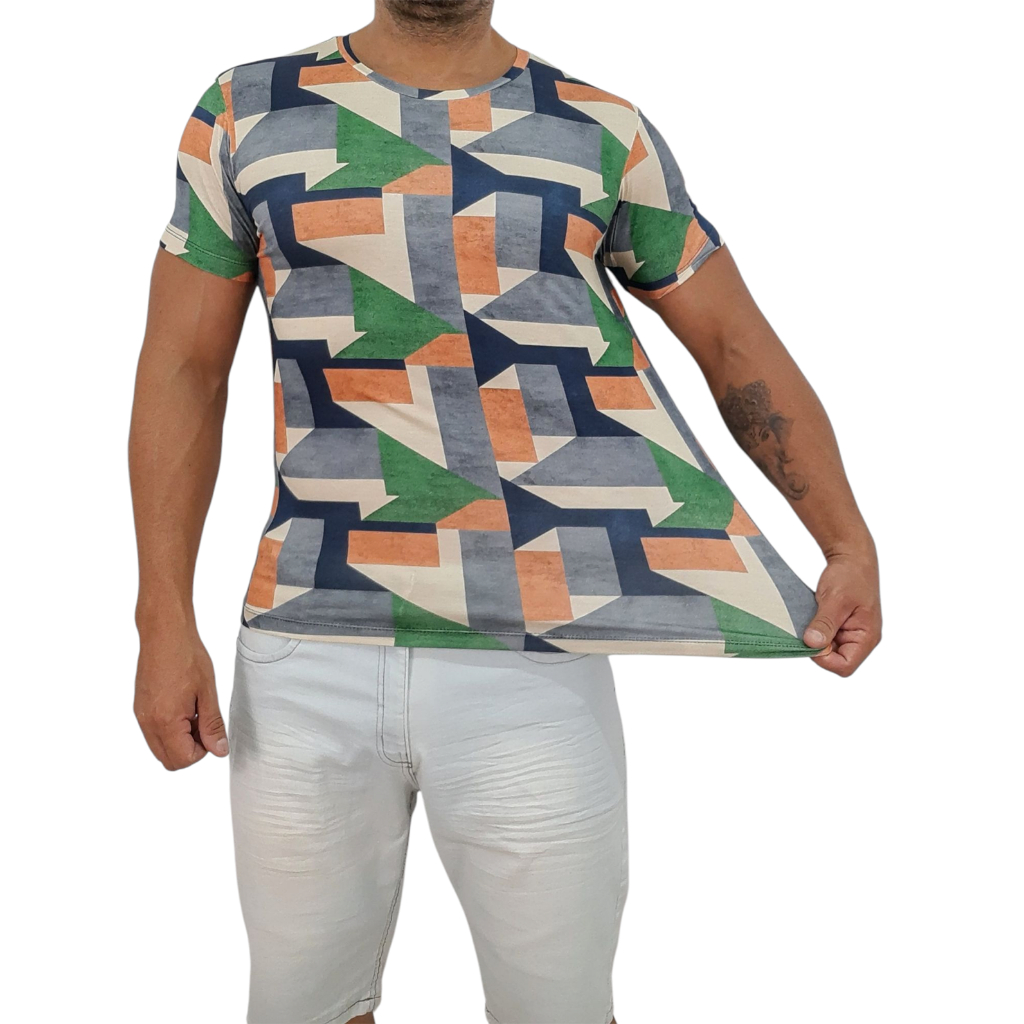 Camiseta Masculina Viscolycra Viscose  Elastano - Tecido encorpado Extra Macio estilo baby look - Slim Fit - Geometrico