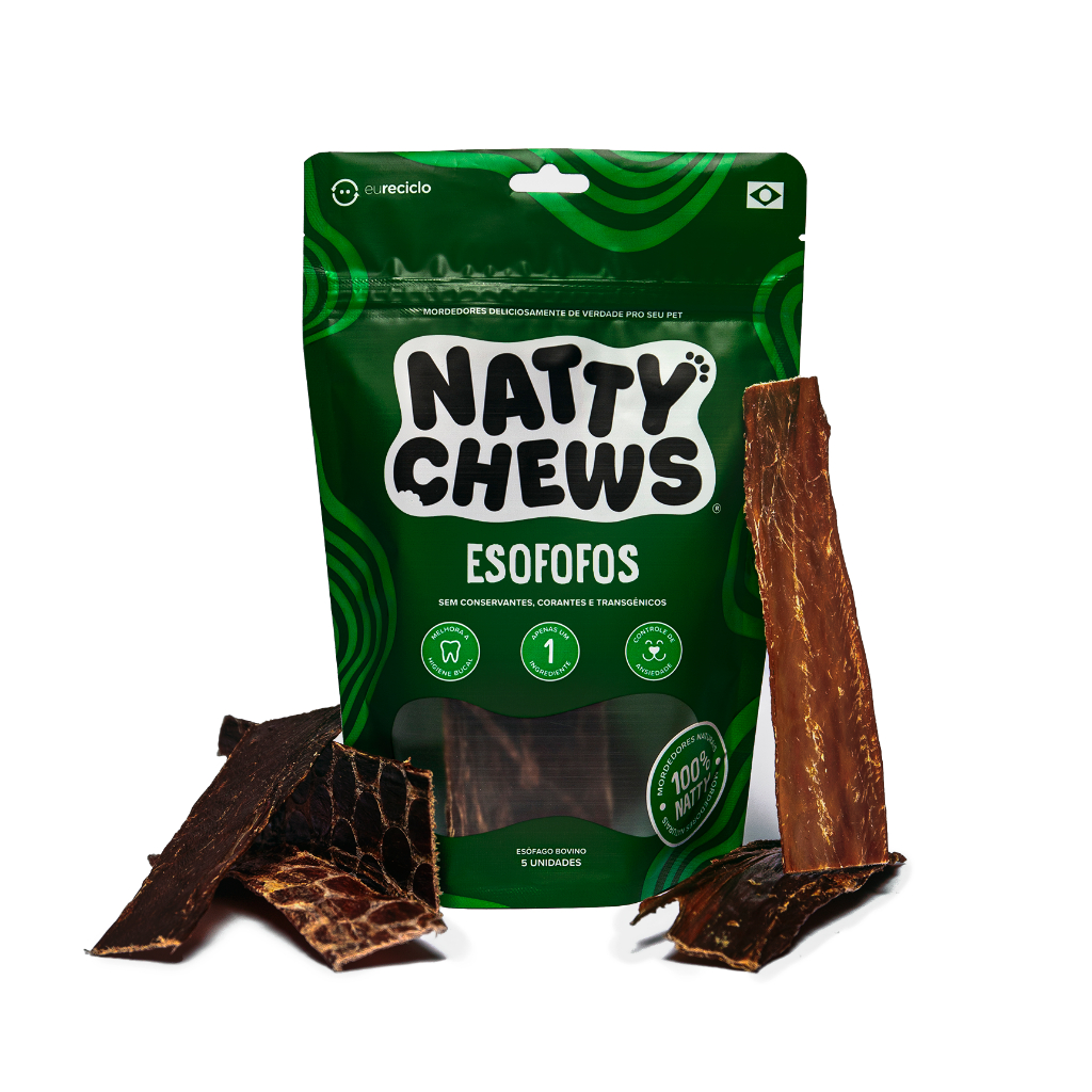 Petisco e Mordedor 100% Natural Esôfago Bovino Desidratado Para Cães Natty Chews Esofofos - 5 Unidades
