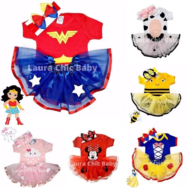 Kit Body + Saia + Laço Bebê Fantasia Mesversario Menina - Escolha o Modelo(K-3) em Oferta na Shopee