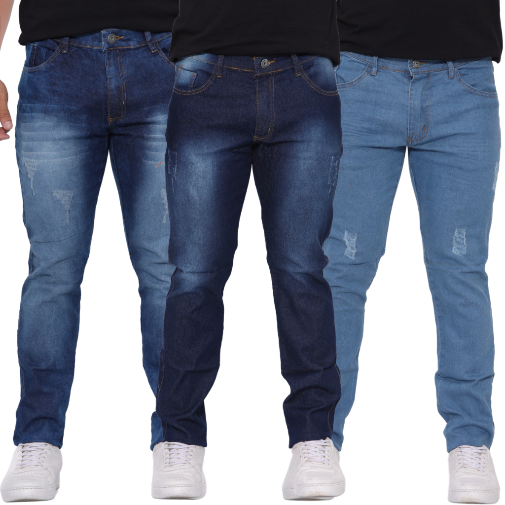 Kit 3 Calças Jeans Masculina Plus size e Normal Skinny  Lycra