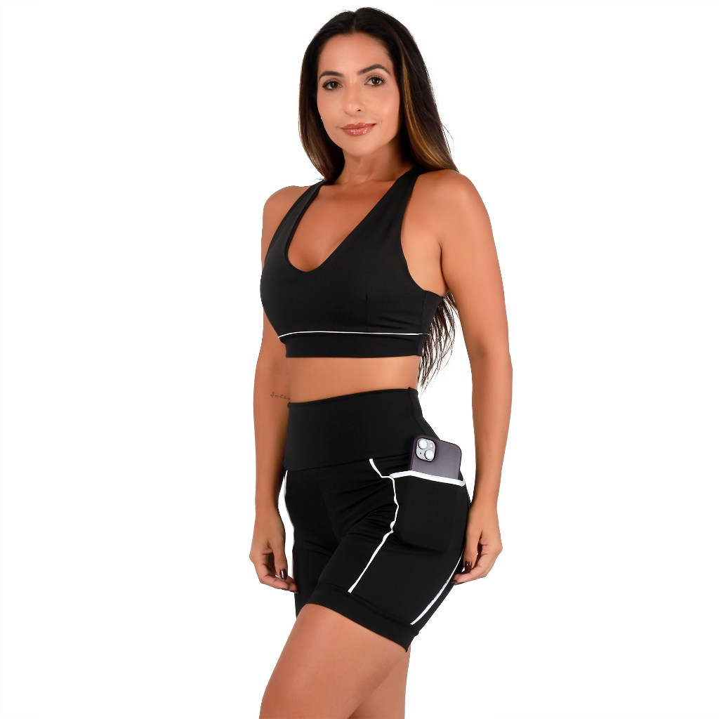 Conjunto Feminino Fitness Bermuda Academia Com Bolsos e Top Compressão em Oferta na Shopee