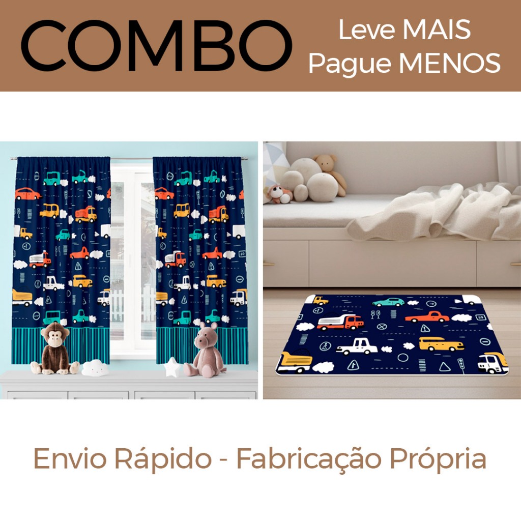 COMBO INFANTIL CARRINHOS: CORTINA DECORATIVA 2,00M x 1,36M + TAPETE AVULSO 60CM x 34CM - LEVE MAIS PAGUE MENOS!