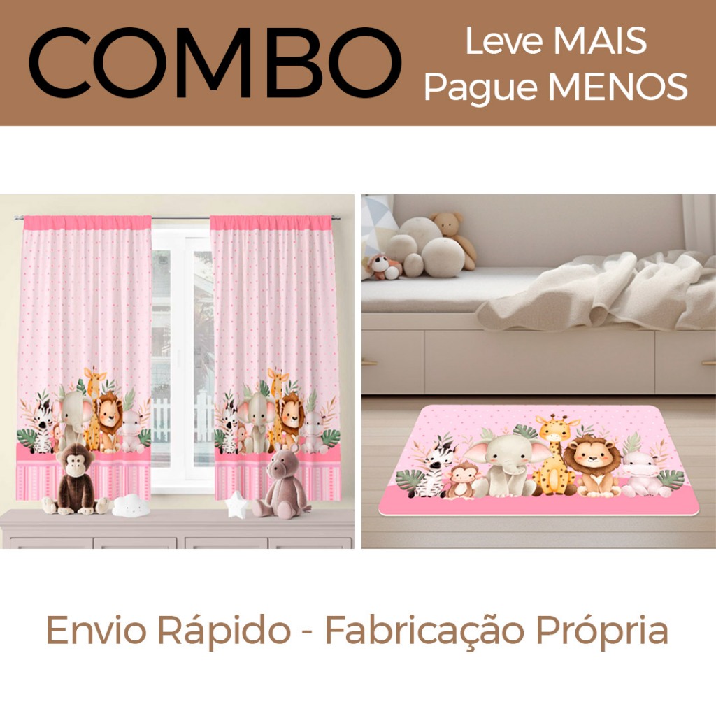 COMBO DECORATIVO INFANTIL SAFARI ROSA - CORTINA 2,00M x 1,36M + TAPETE AVULSO 60CM x 34CM -