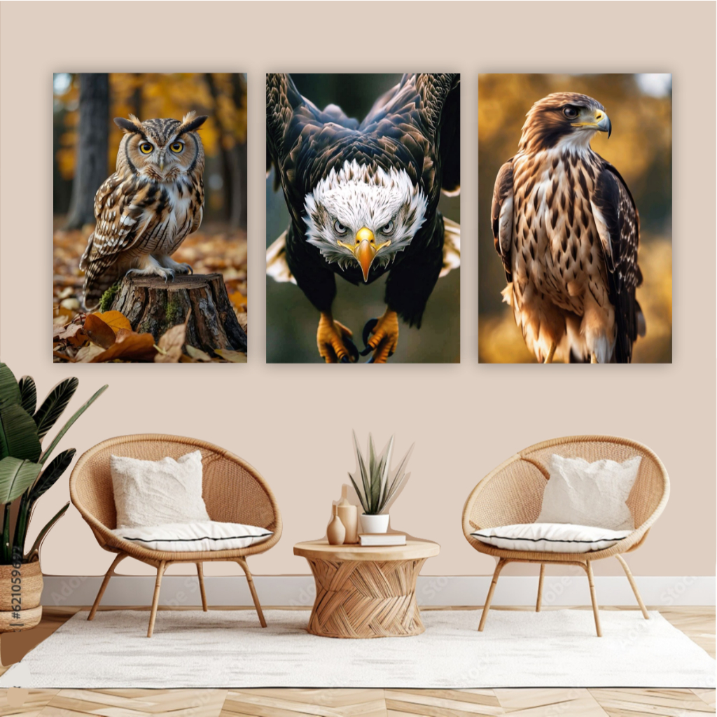 Quadro decorativo 3 peças aves silvestres coruja águia falcão decoração para pet shop veterinária