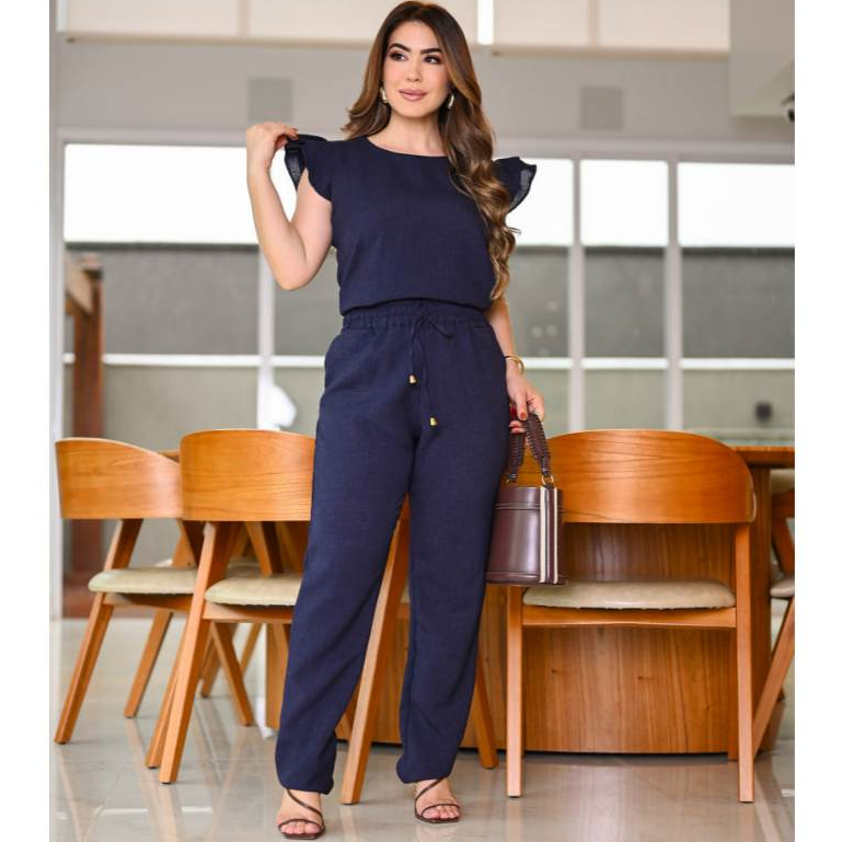 Conjunto Feminino Casual Sofisticado Básico Trabalho De Blusa Calça em Linho De Algodão Cores Verão 2023 Roupa Feminina