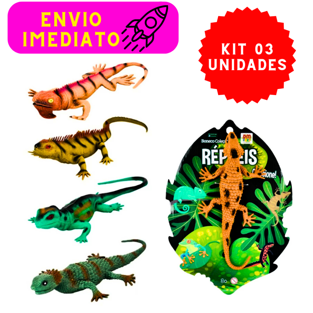 Kit 03 Bonecos Coleção Répteis Diversão Garantida Macios Realistas Cognitivos Plástico Criança Feliz
