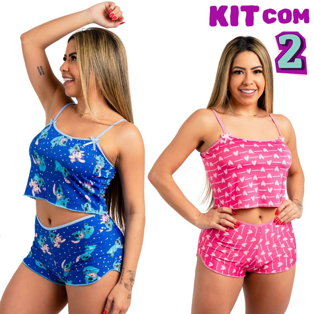 KIT com 02 Pijamas de Ondinha Virigínia Shortdoll Bebidoll Baby Dol Cropped Short Dool Croppet Pijama Sexy em Oferta na Shopee