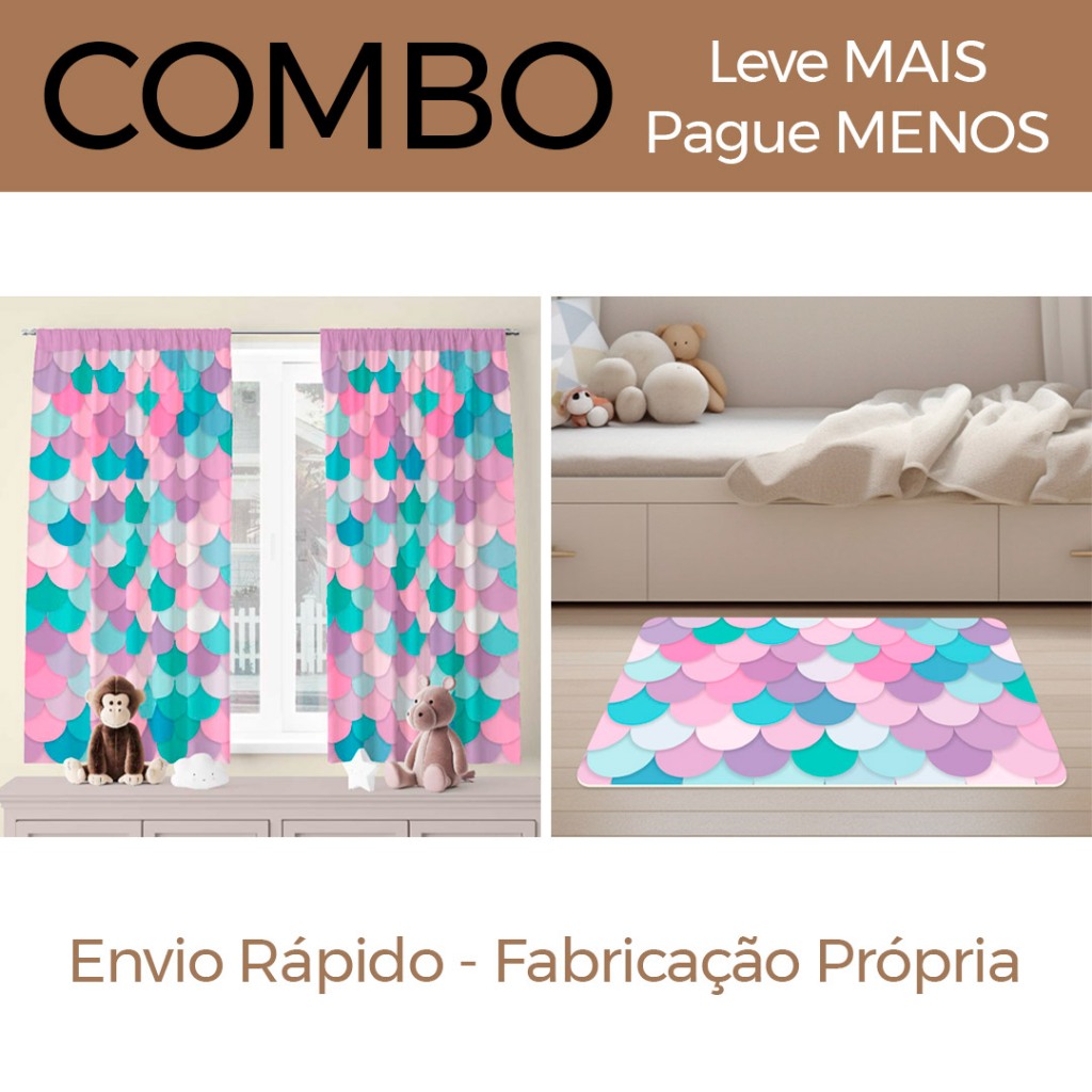 COMBO INFANTIL SEREIA: CORTINA DECORATIVA 2,00M x 1,36M + TAPETE AVULSO 60CM x 34CM - LEVE MAIS PAGUE MENOS!