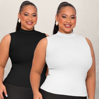 Kit 2 Blusa Regata Feminina Plus Size Gola Alta Canelada GG ao G3 em Oferta na Shopee