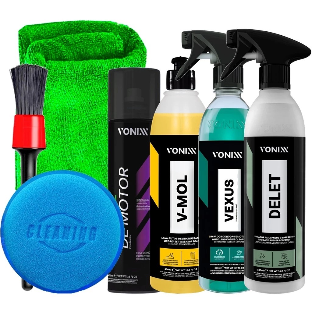 Kit Lavagem Vonixx e Limpeza de Motor para Motos e Carros Shampoo V-Mol Limpador Delet Vexus Verniz