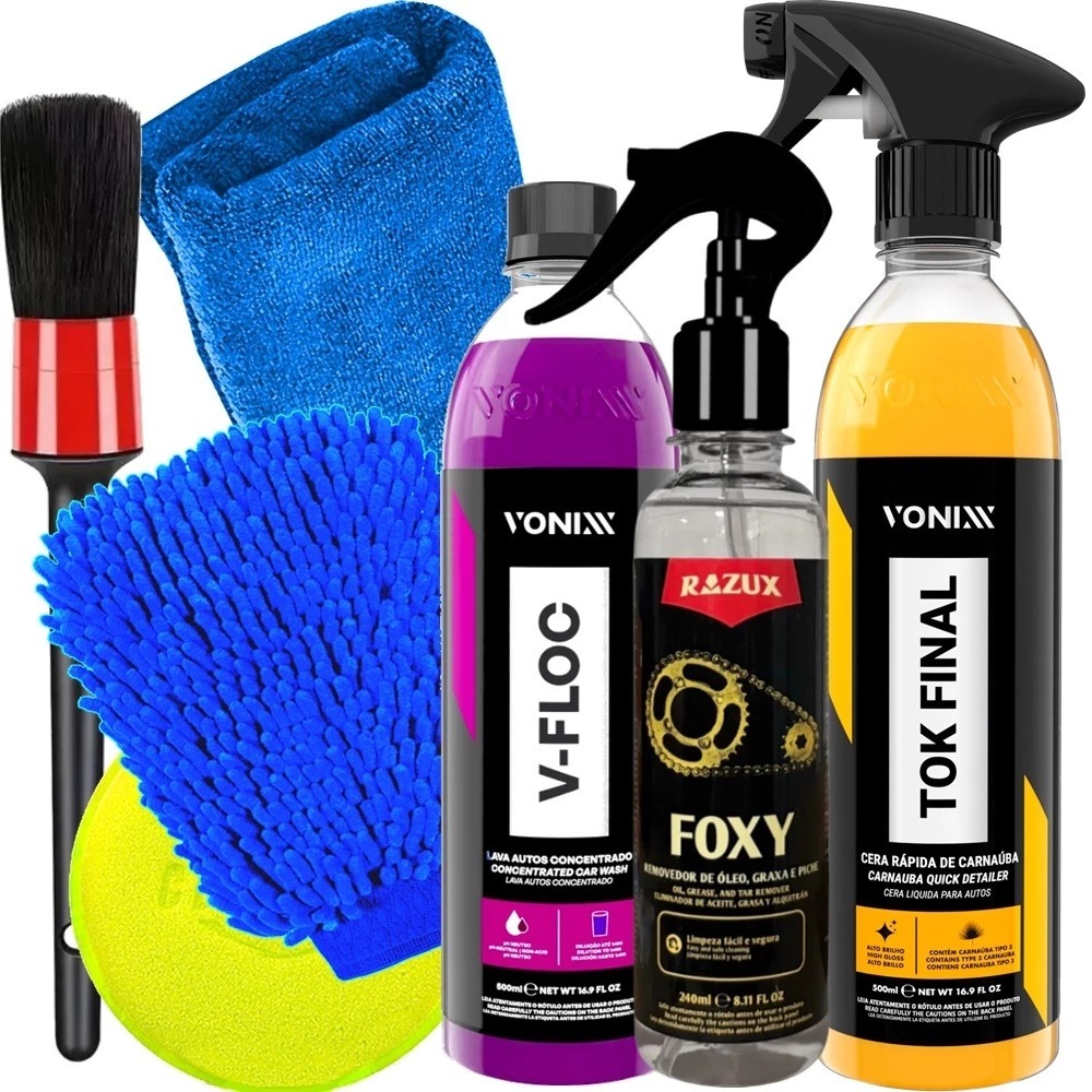 Kit Lavagem de Moto Shampoo V-Floc 500ml Cera Tok Final 500ml Vonixx Limpador Foxy 240ml Razux