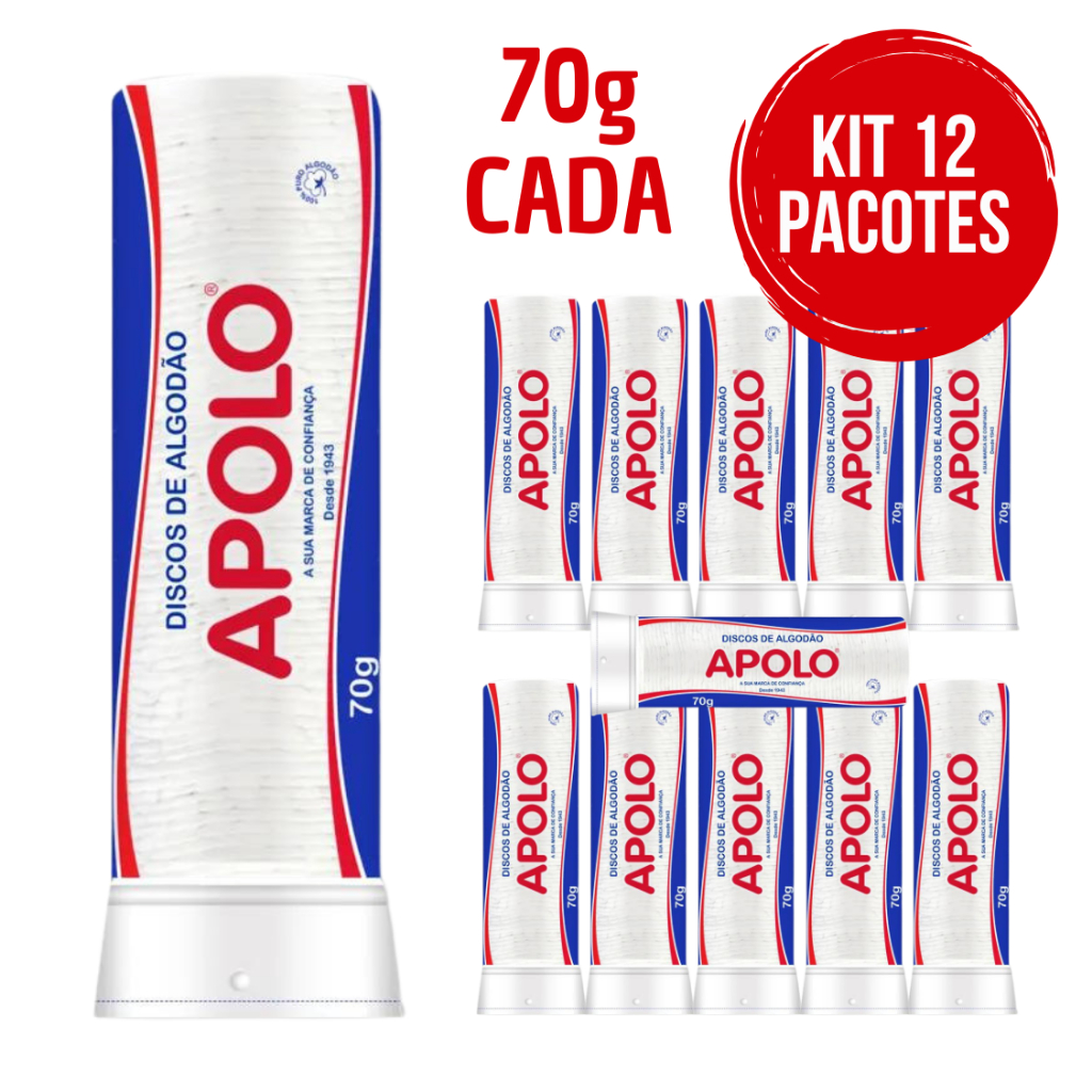 KIT 12 ALGODÃO DISCO 70GR APOLO MAQUIAGEM E SKINCARE HIPOALERGÊNICO