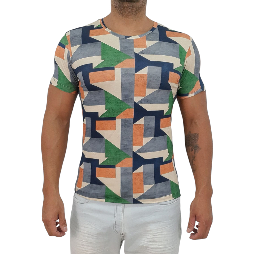 Camiseta Masculina Viscolycra Viscose Com Elastano - Tecido encorpado Extra Macio estilo baby look - Slim Fit - Geometri