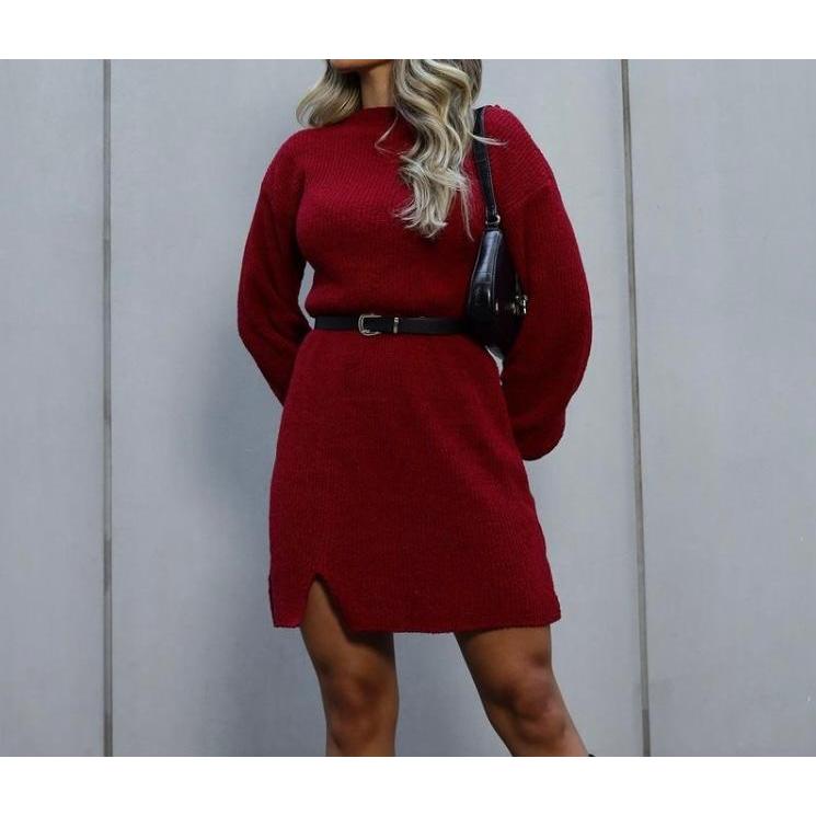 Detalhes do Vestido Mousse Tricot Inverno Elegante Tendência Fenda na Lateral Frio Moda