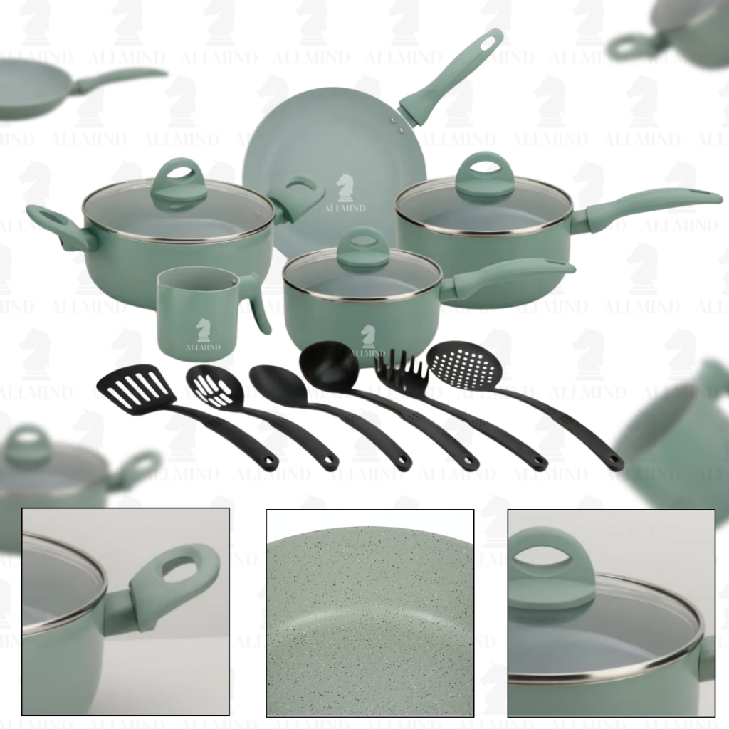 Imagem Jogo De Panelas Indução Antiaderente De Ceramica Marmore Verde 14 Peças Jogo Acabamento de Teflon