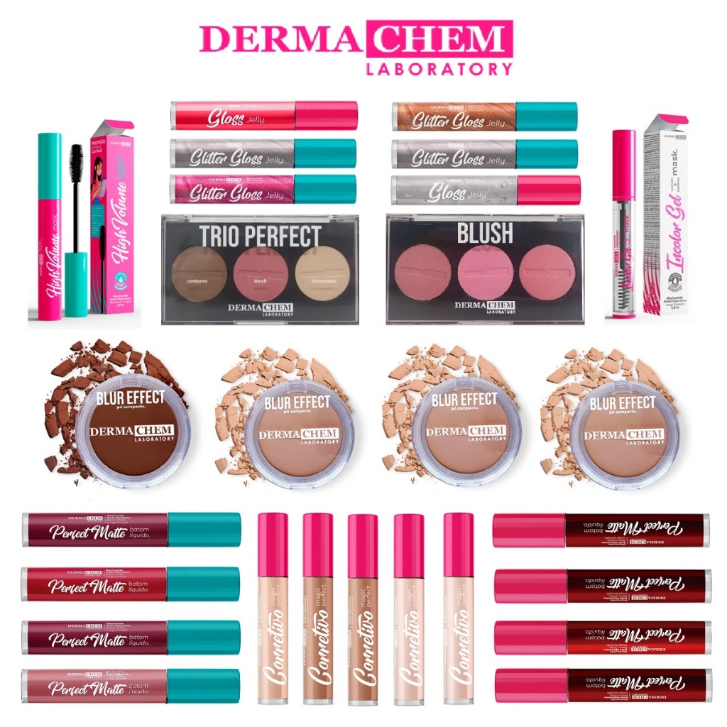 Kits 02 Peças Maquiagem Makes Dermachem Pó Cilios Trio Blush Corretivo Batom Base Liquida Máscara